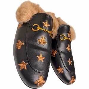 ARQA Black Fur Lined Mule Loafers Bee Star Embroidery Womens 7